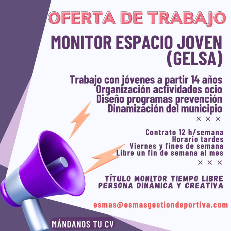 Oferta de trabajo de monitor del espacio joven de Gelsa