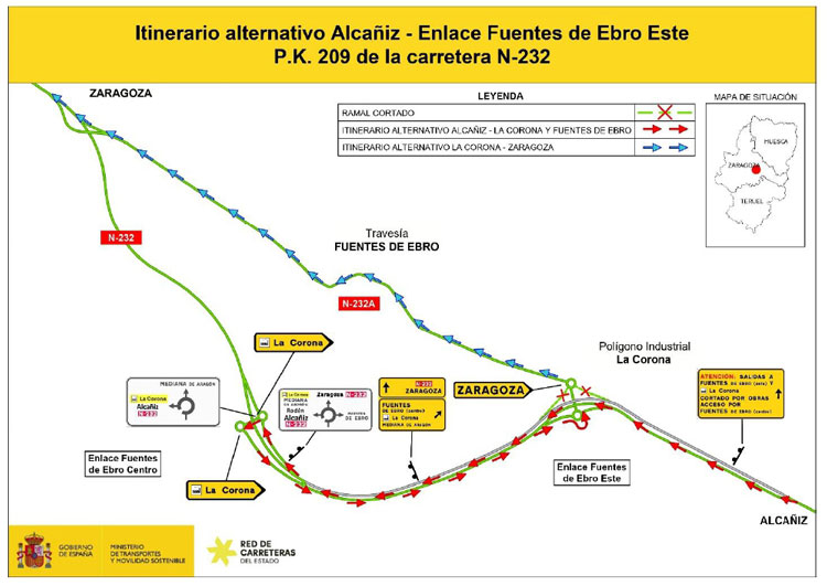El corte del enlace Fuentes Este de la N-232 obligará a desvíos desde el 10 de junio por las obras de la A-68