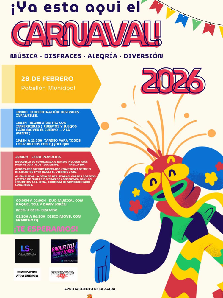 La Zaida celebrará el Carnaval 2026 con disfraces, cena popular y música hasta la madrugada