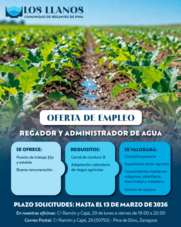 La Comunidad de Regantes Los Llanos de Pina abre una oferta de empleo para regador y administrador de agua