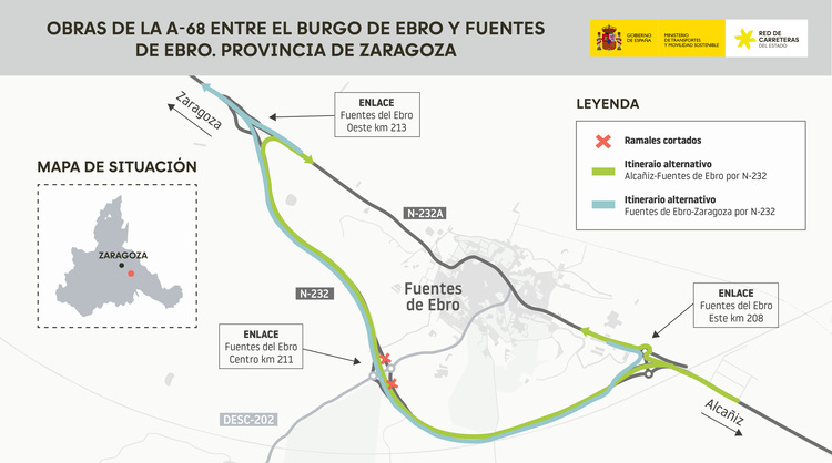 El Ministerio de Transportes corta dos ramales del enlace de Fuentes de Ebro por las obras de la A-68
