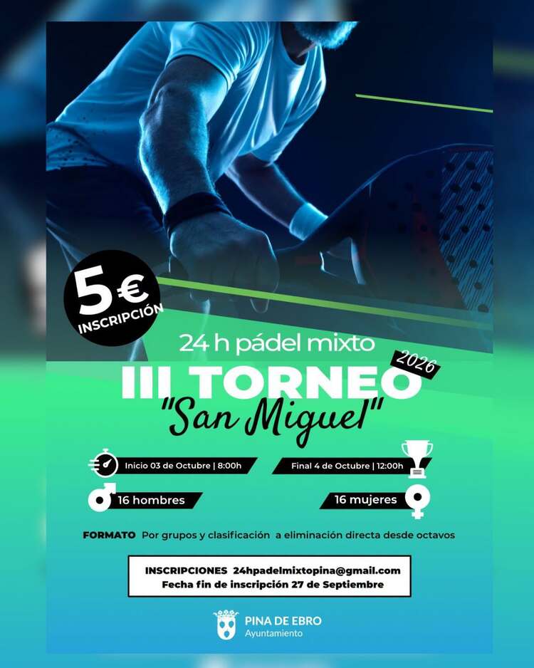 Pina de Ebro prepara el III Torneo de Pádel Mixto «San Miguel» para los días 3 y 4 de octubre
